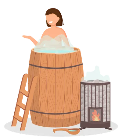 Mujer vistiendo una toalla de baño sentada en un banco de madera en una sauna de vapor caliente  Ilustración
