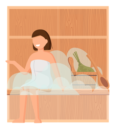 Mujer vistiendo una toalla de baño sentada en un banco de madera en una sauna de vapor caliente  Ilustración