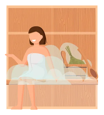 Mujer vistiendo una toalla de baño sentada en un banco de madera en una sauna de vapor caliente  Ilustración