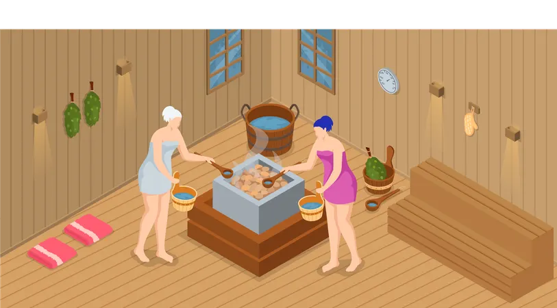 Mujer vistiendo una toalla de baño sentada en un banco de madera en una sauna de vapor caliente  Ilustración
