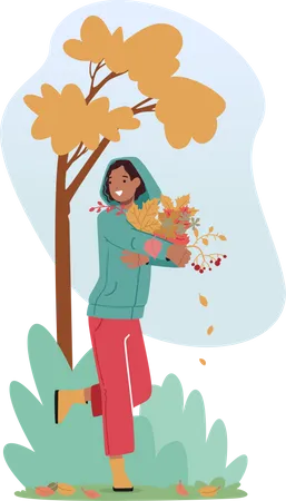 Mujer con un montón de hojas cayendo disfrutando del clima soleado de otoño  Ilustración