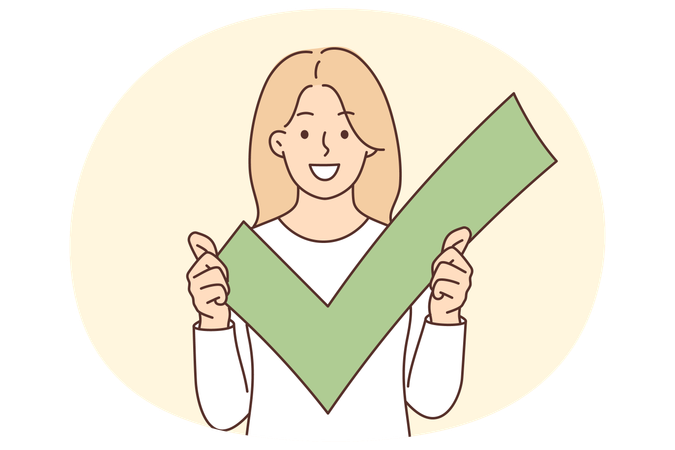 Mujer sosteniendo una marca de verificación verde para la aprobación del signo y la verificación exitosa de la cuenta en la red social  Ilustración