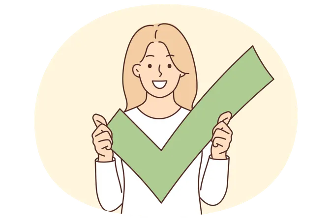Mujer sosteniendo una marca de verificación verde para la aprobación del signo y la verificación exitosa de la cuenta en la red social  Ilustración