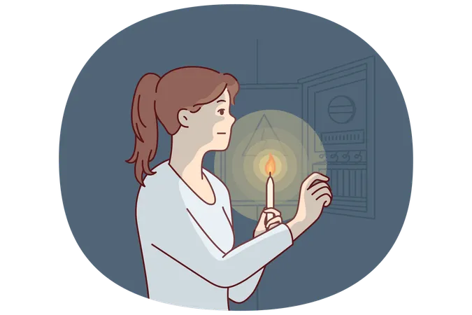 Una mujer con una vela encendida se acerca a un escudo de energía para averiguar el motivo del corte de energía.  Ilustración