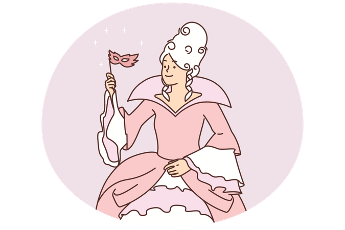 Mujer con vestido abullonado para baile medieval con máscara en palo y peinado magnífico abullonado  Ilustración