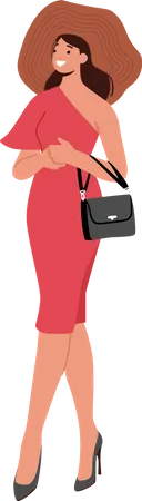 Mujer En Vestido Rojo Con Bolso  Ilustración