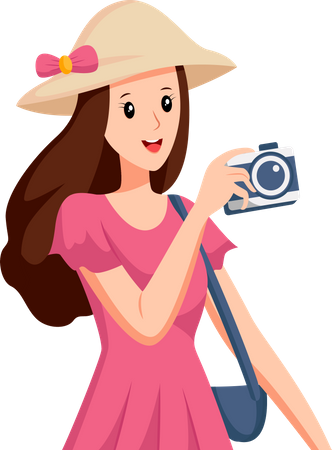 Mujer con vestido rosa viajando  Ilustración