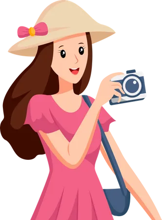 Mujer con vestido rosa viajando  Ilustración