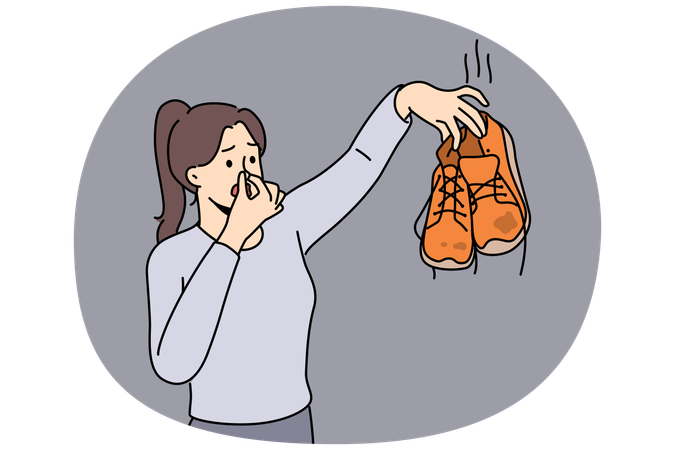 Mujer se tapa la nariz disgustada por el mal olor de sus zapatos  Ilustración
