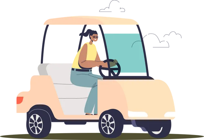 Mujer Conduciendo Un Coche De Golf Electrico Jugadora De Juego Deportivo De Golf En Vehiculo Actividad De Atleta Al Aire Libre Y Concepto De Deporte De Verano Ilustracion De Vector Plano De Dibujos Animados Ilustración