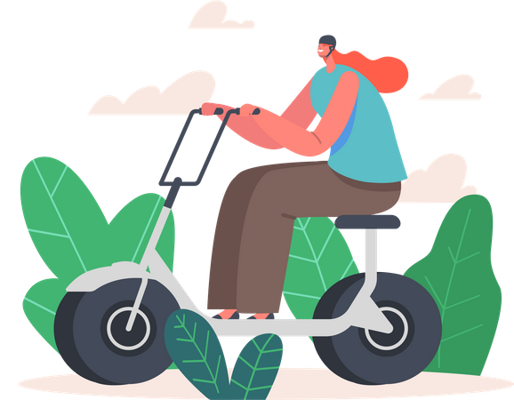 Mujer conduciendo scooter eléctrico  Ilustración