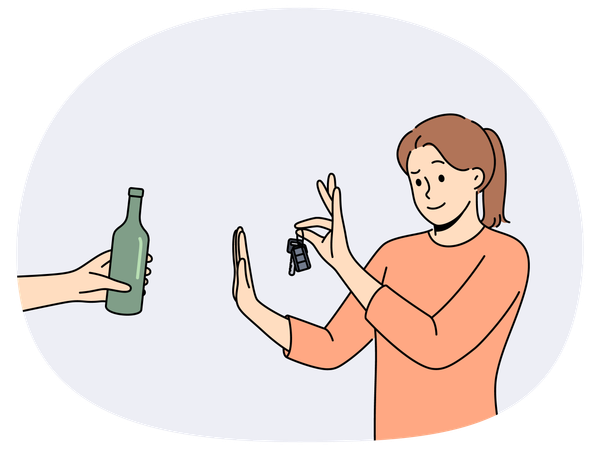 Una mujer conductora se niega a beber alcohol y sostiene las llaves del coche cerca de una mano humana con una botella de cerveza.  Ilustración