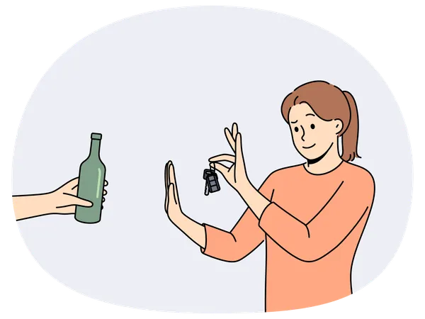Una mujer conductora se niega a beber alcohol y sostiene las llaves del coche cerca de una mano humana con una botella de cerveza.  Ilustración