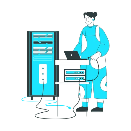 La mujer conecta su computadora portátil al servidor.  Ilustración
