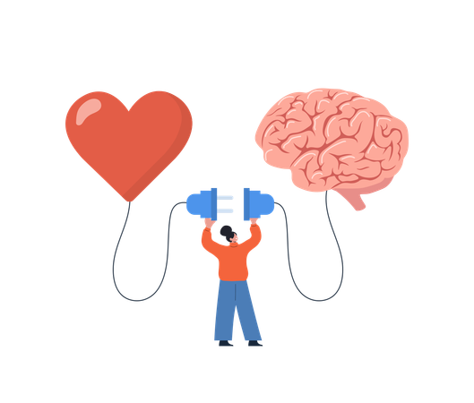 La mujer conecta el sentimiento del corazón con el pensamiento lógico del cerebro  Ilustración