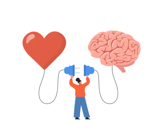 La mujer conecta el sentimiento del corazón con el pensamiento lógico del cerebro  Ilustración