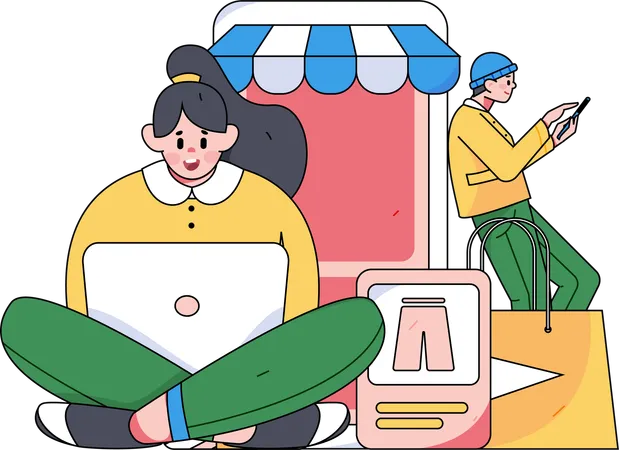 Mujer comprando ropa desde un sitio web digital  Ilustración