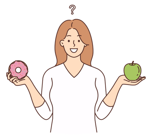 Mujer confundida sobre postre con manzana  Ilustración