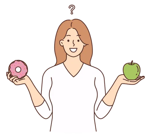 Mujer confundida sobre postre con manzana  Ilustración