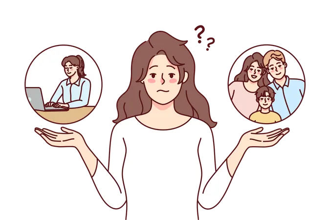 Mujer confundida entre familia o trabajo  Ilustración