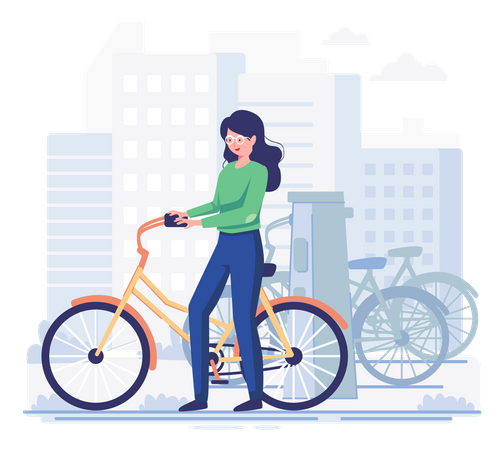 Mujer alquilando bicicleta  Ilustración