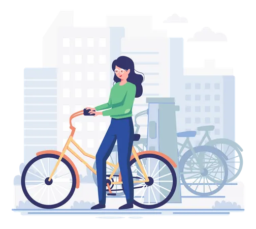 Mujer alquilando bicicleta  Ilustración