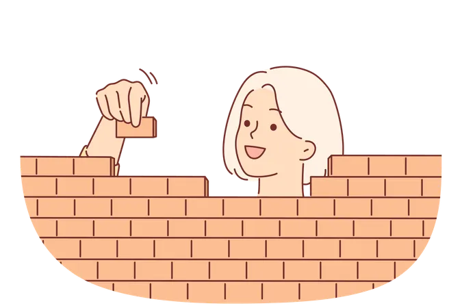 Una mujer construye una pared de ladrillos apilando bloques con cuidado  Ilustración