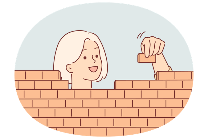 Una mujer construye una pared de ladrillos apilando bloques con cuidado  Ilustración