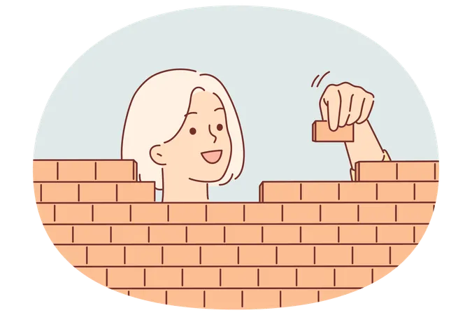 Una mujer construye una pared de ladrillos apilando bloques con cuidado  Ilustración