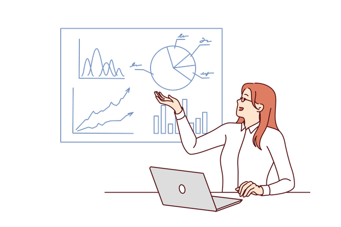 Una consultora de negocios demuestra gráficos financieros que demuestran la rentabilidad de las inversiones  Ilustración