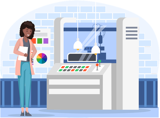 Una mujer controla el panel de control de la computadora de una impresora industrial cerca de un equipo profesional para una imprenta.  Ilustración