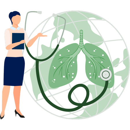 Mujer revisando los pulmones usando estetoscopio  Ilustración