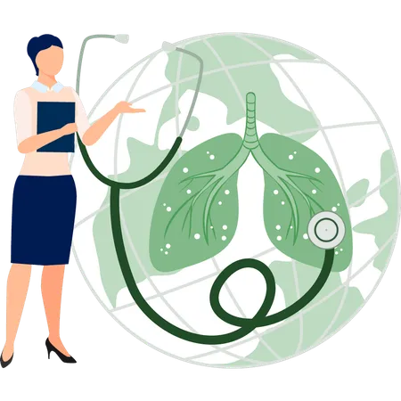 Mujer revisando los pulmones usando estetoscopio  Ilustración