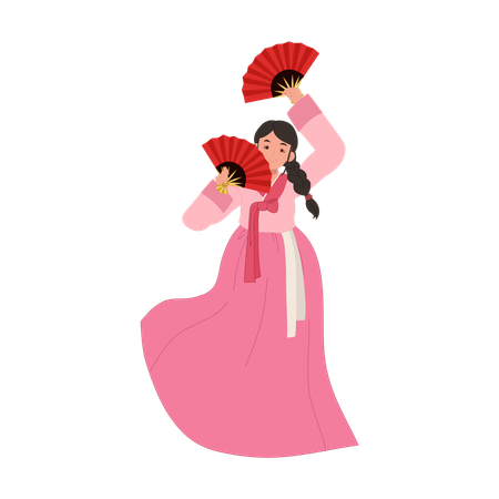 Mujer coreana en hanbok realizando danza tradicional de abanico  Ilustración