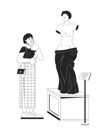 Mujer coreana mirando la estatua femenina griega  Ilustración