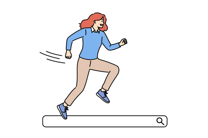 Una mujer corre por la barra de búsqueda, sonriendo, buscando información útil en Internet  Illustration