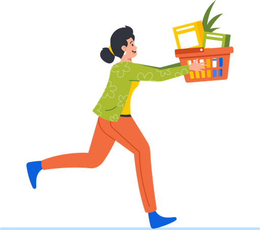 Mujer corriendo con carrito de compras  Ilustración