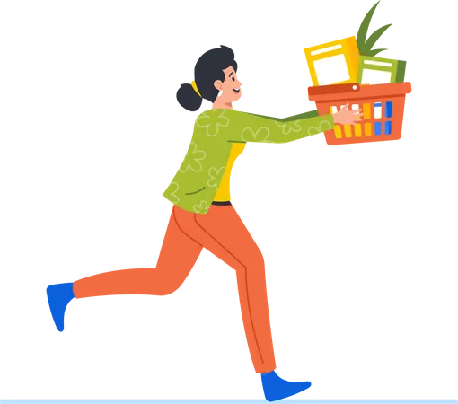 Mujer corriendo con carrito de compras  Ilustración