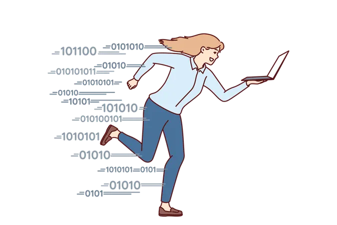 Una mujer corriendo con una computadora portátil simboliza la ambición y la búsqueda del éxito en los negocios.  Ilustración