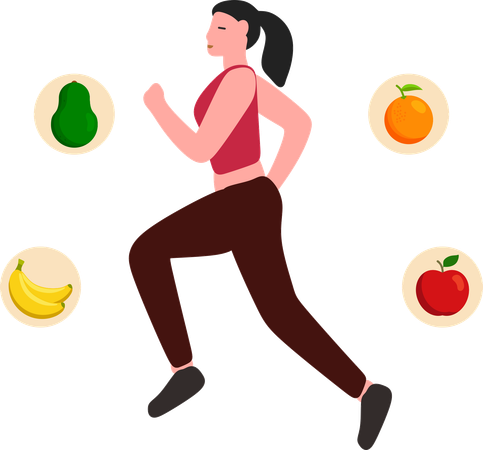 Mujer corriendo con dieta saludable  Ilustración