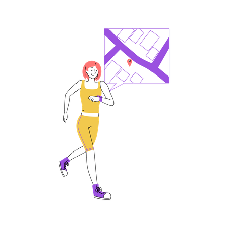 Mujer corriendo con ubicación en el mapa  Ilustración