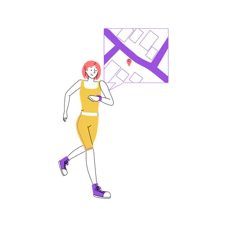 Mujer corriendo con ubicación en el mapa  Ilustración