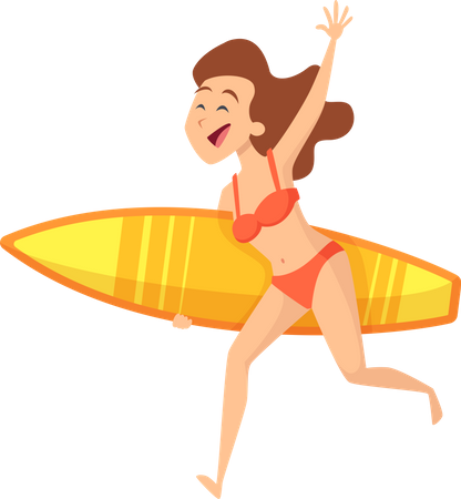Mujer corriendo con tabla de surf  Ilustración