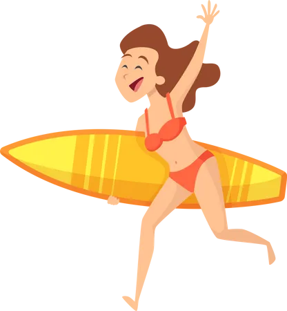 Mujer corriendo con tabla de surf  Ilustración