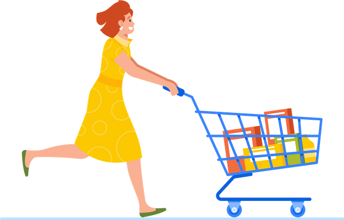 Mujer corriendo empujando carrito de compras  Ilustración
