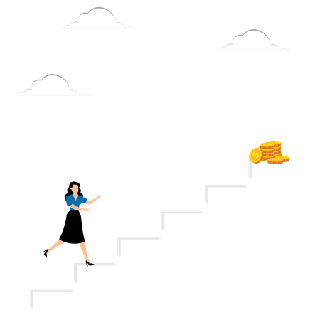 Mujer corre hacia las monedas en lo alto de las escaleras  Ilustración