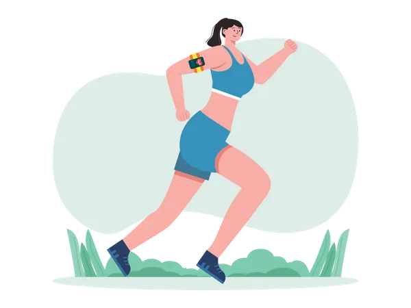 Mujer corriendo mientras realiza un seguimiento de su salud  Ilustración