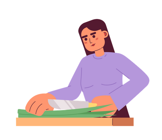 Mujer cortando cebolla verde  Ilustración