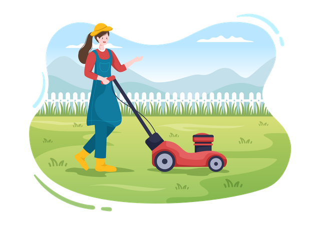 Mujer cortando hierba verde  Ilustración