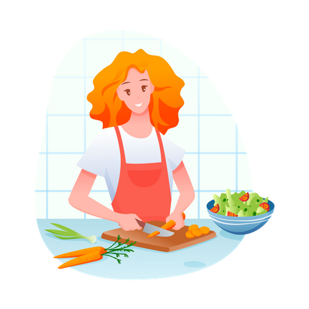 Mujer cortando vegetales en la cocina  Ilustración